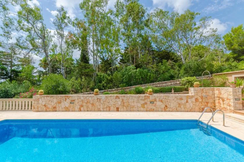 A swimming pool sits beside a stone wall, with trees and greenery beyond.