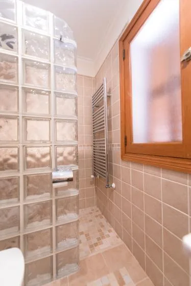 A tiled bathroom with a glass-block partition and a frosted window.