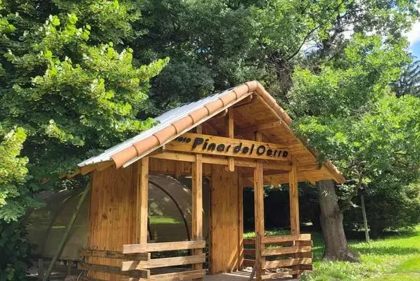 Una pequeña cabaña de madera con porche cubierto está entre árboles frondosos.