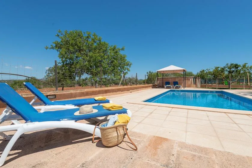 An outdoor swimming pool beside blue loungers and a shaded seating area.