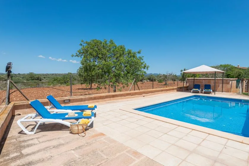 An outdoor swimming pool sits beside a tiled patio with lounge seating.