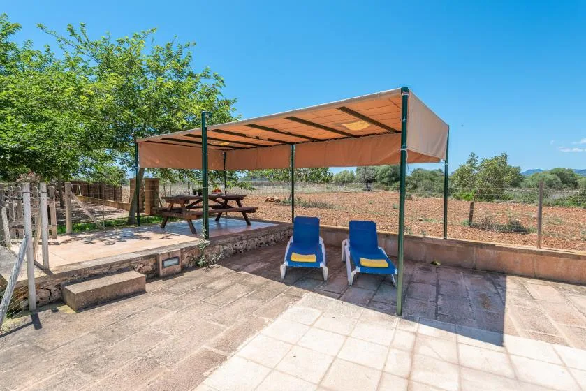 A shaded outdoor patio has a picnic table and blue lounge chairs.