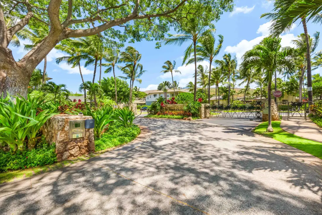 Una entrada pavimentada bordeada de palmeras conduce a una zona cerrada entre jardines.