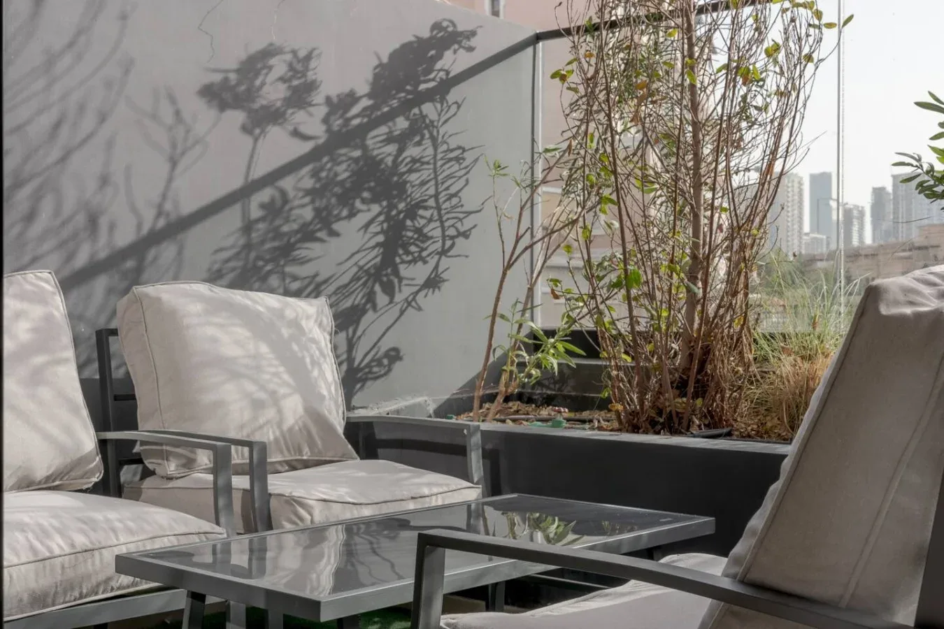 An outdoor seating area with cushioned chairs and a glass table beside potted plants.