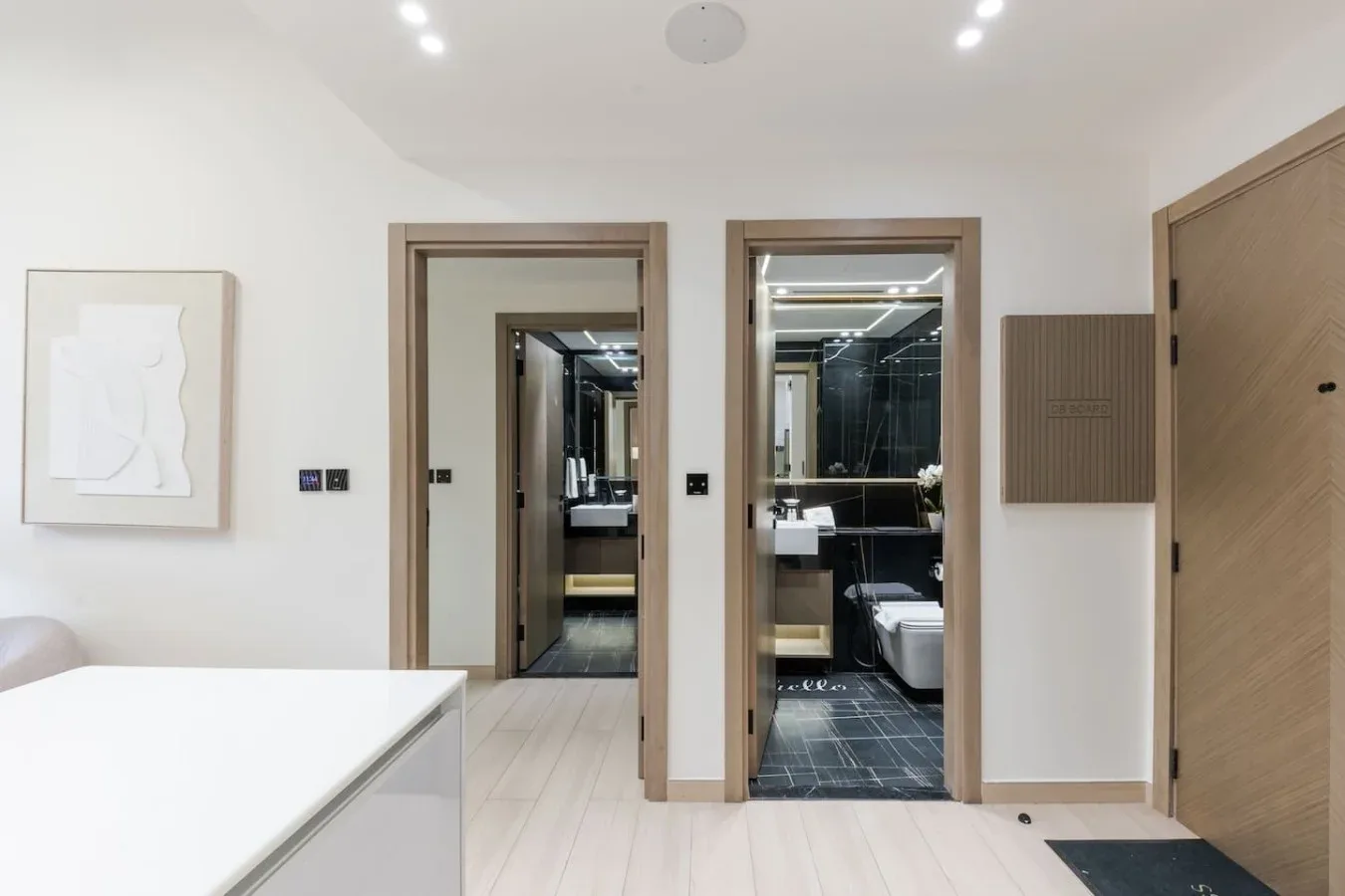 A bright bathroom with a white counter and dark tiled shower area.