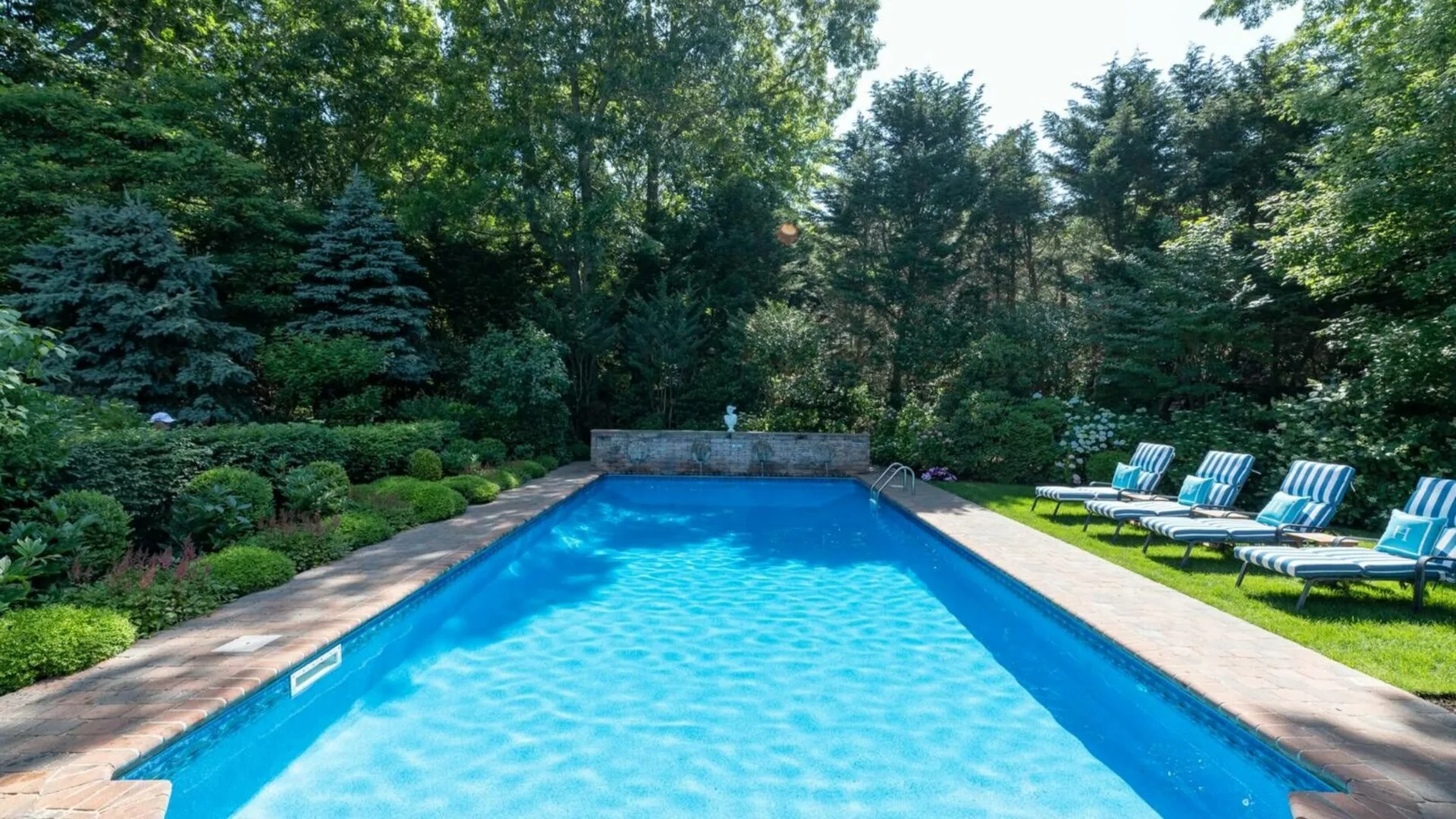 Una piscina al aire libre está rodeada de vegetación y tumbonas.