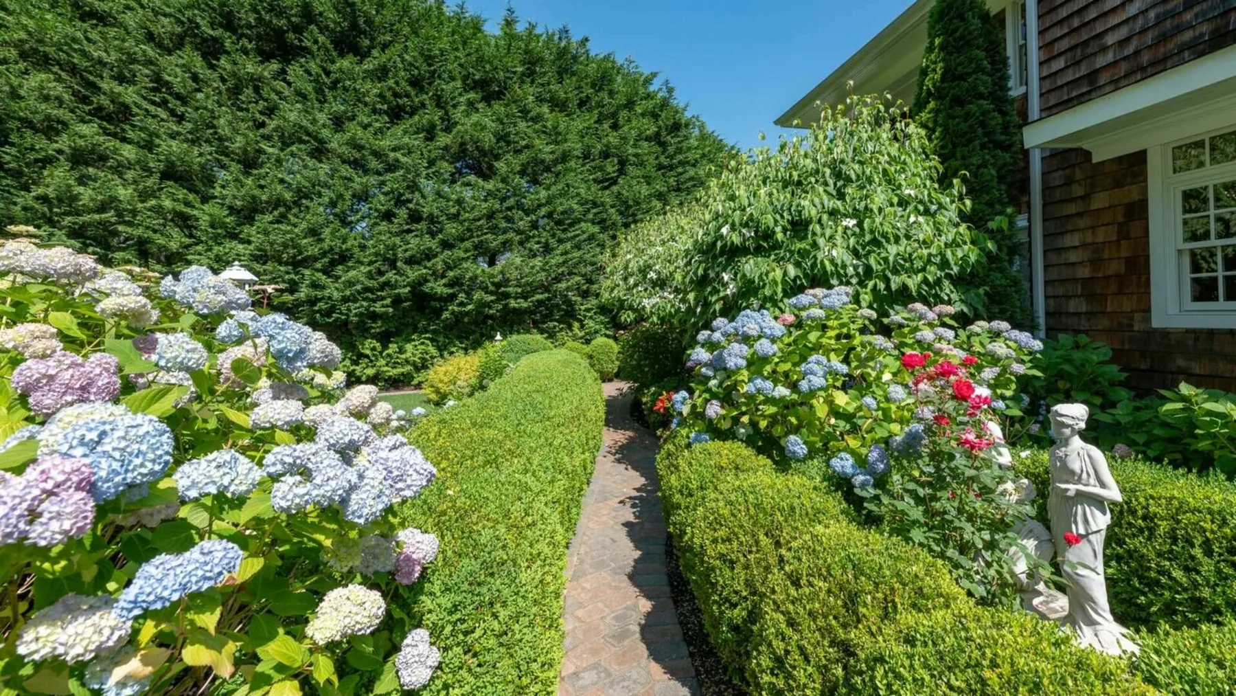 Un sendero de jardín serpentea entre arbustos floridos junto a una casa.