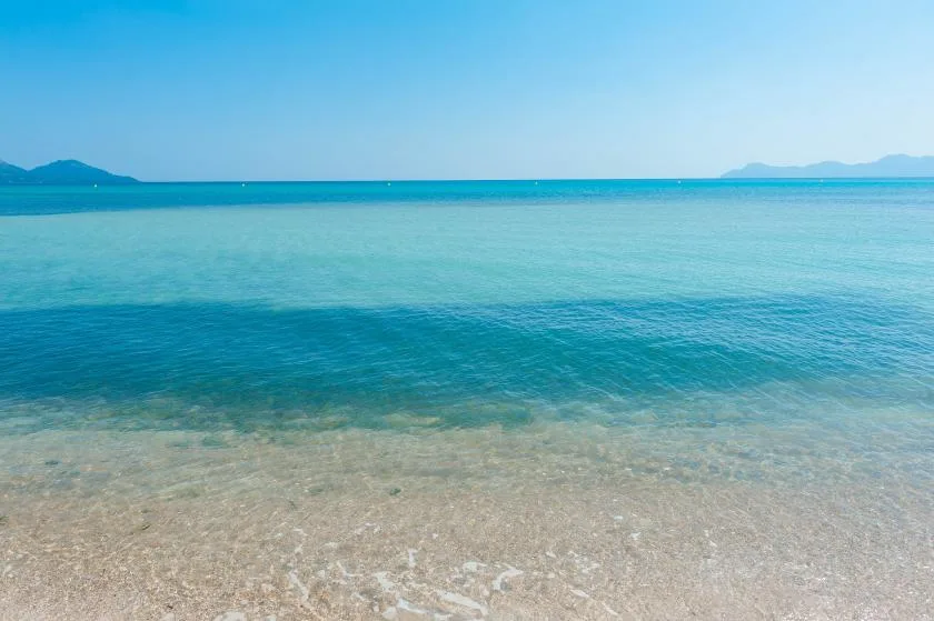 Una playa de arena se encuentra con aguas turquesas bajo un cielo azul.