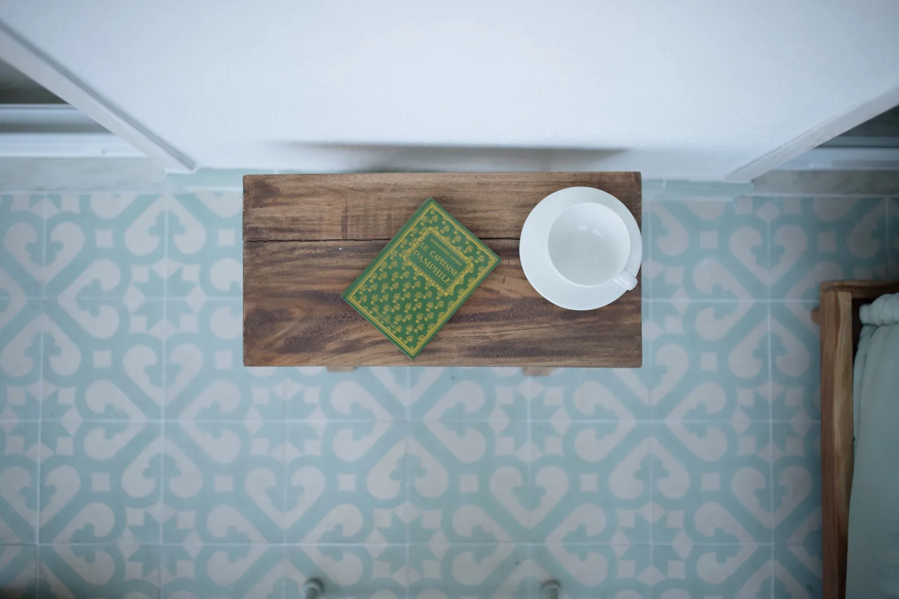 A tiled bathroom floor with a wooden bath mat, book, and white dish.