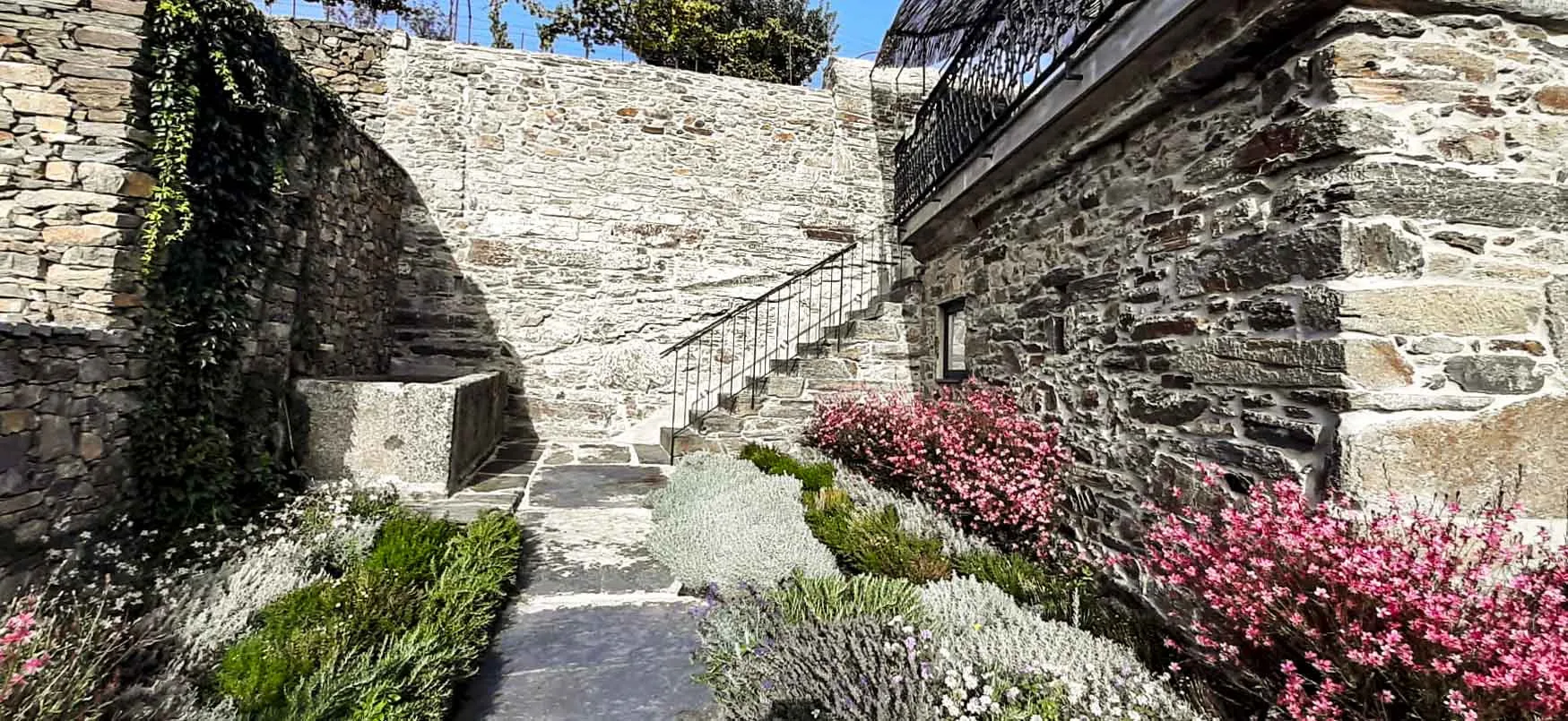 Un patio de piedra con un camino pavimentado y plantas con flores.