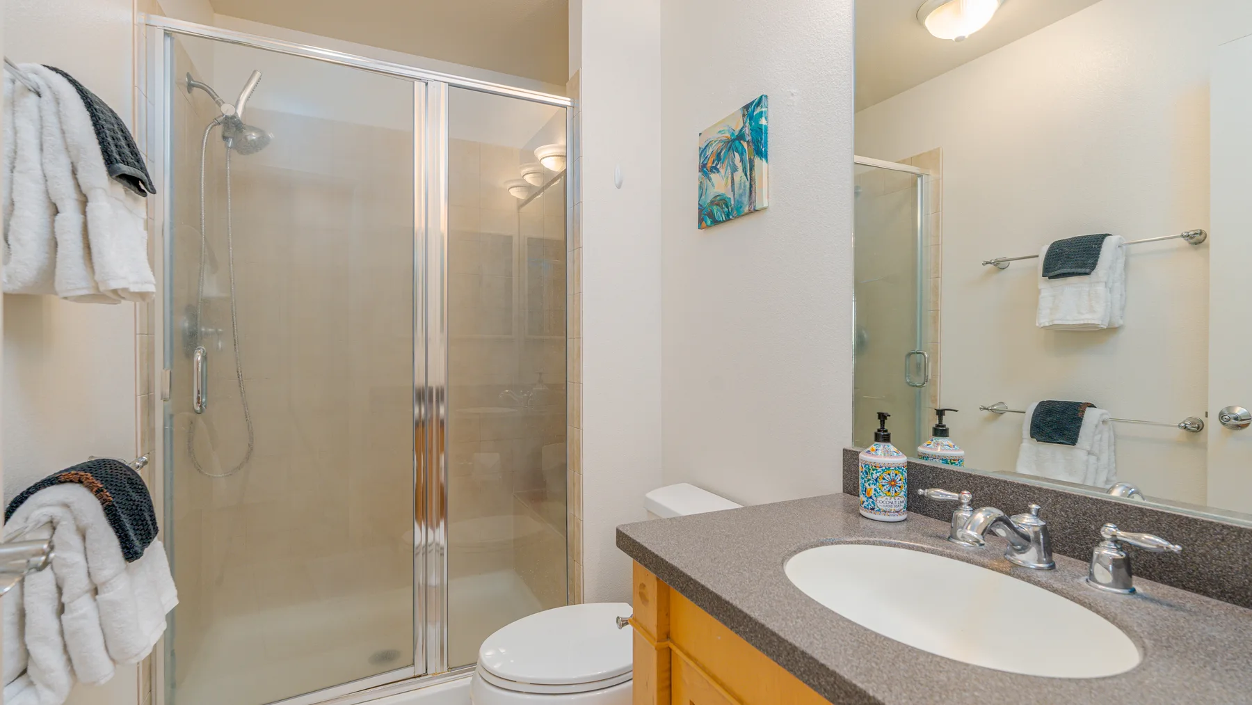 A bathroom with a glass shower, sink, and towels on wall racks.