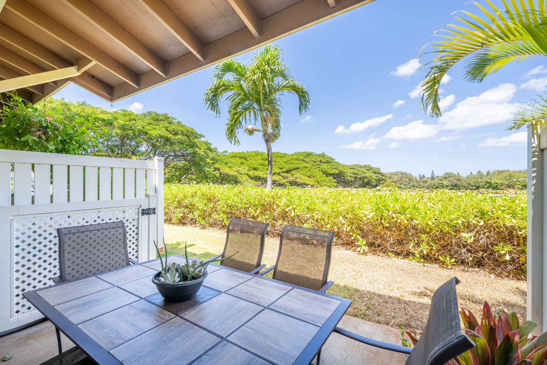 A shaded outdoor dining area overlooks a hedge and palm trees.