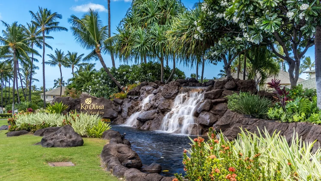 A landscaped tropical garden features a small waterfall flowing into a pond.