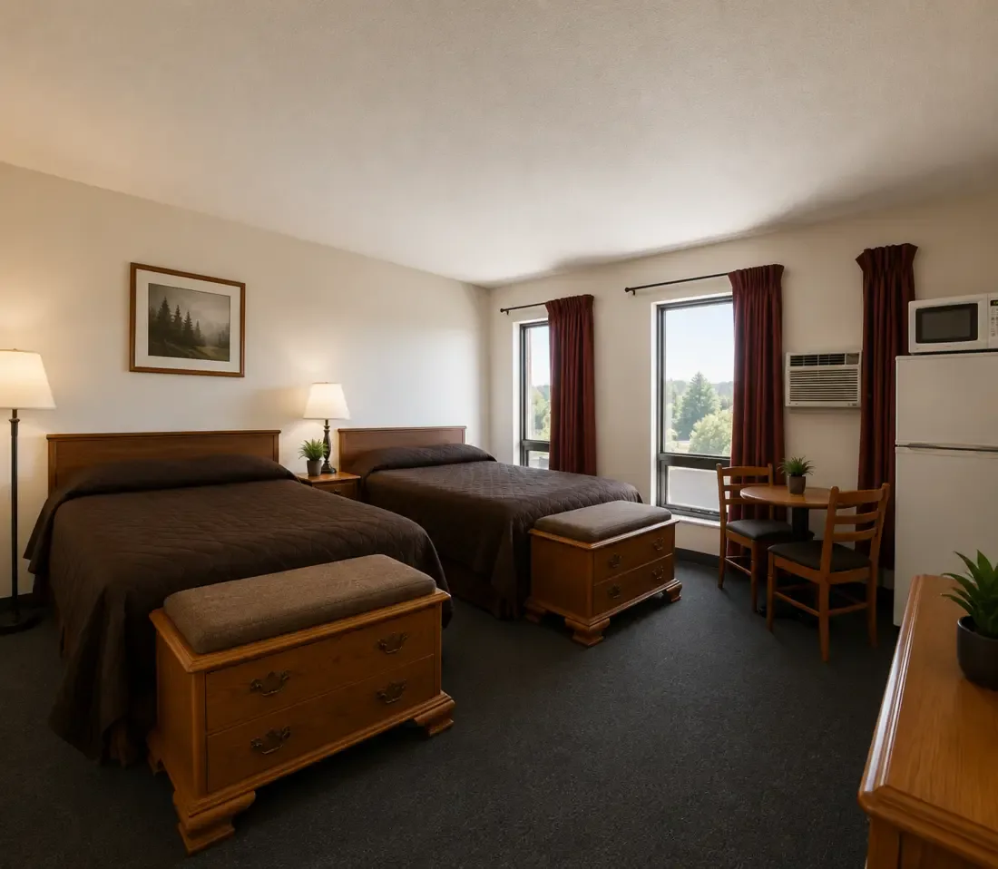 Habitación de hotel con dos camas y zona de comedor