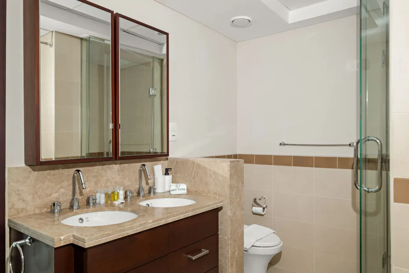 Un baño con tocador de dos lavabos, inodoro y ducha de vidrio.