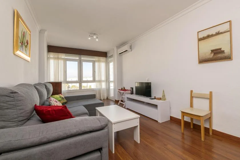 A living room with gray seating, a coffee table, and a television by the windows.