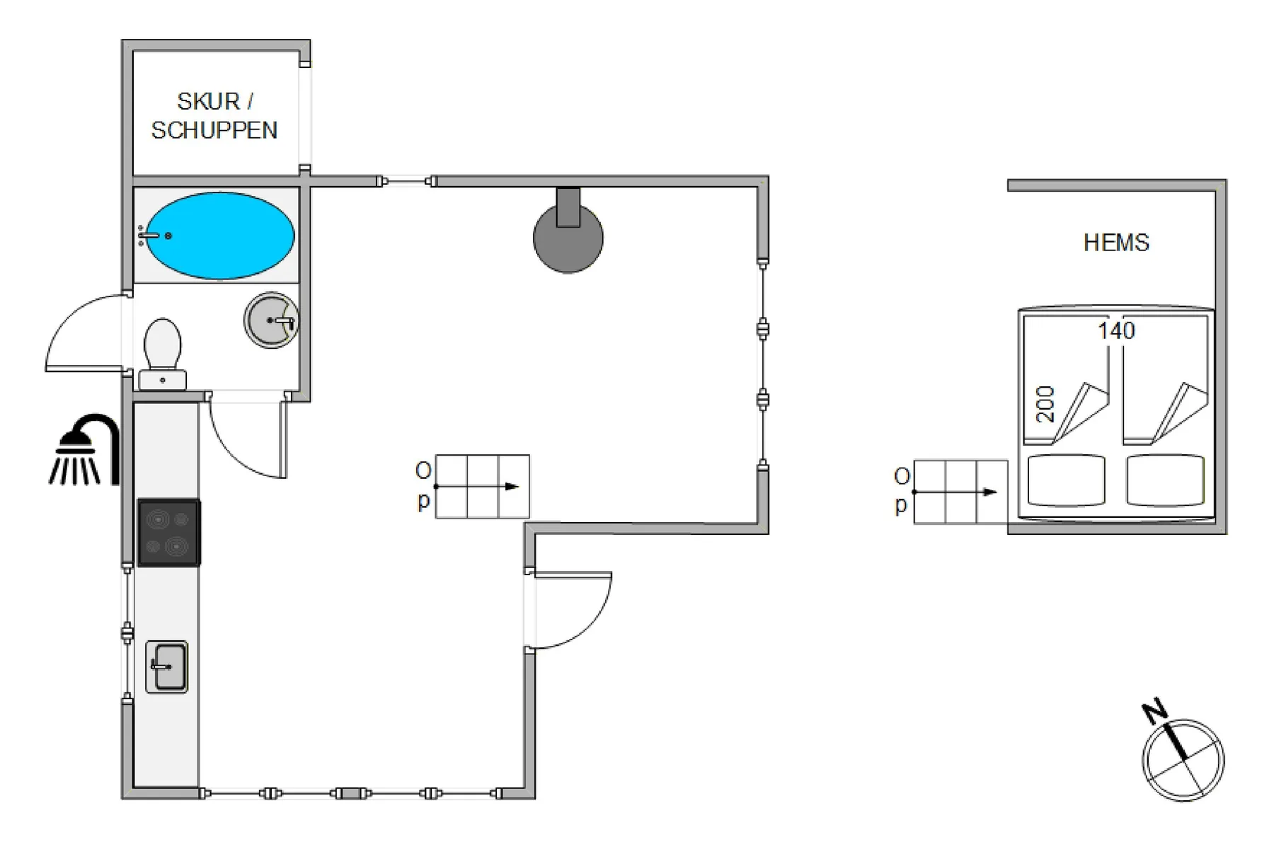 Un plano muestra la habitación principal, el baño, el trastero y el altillo.