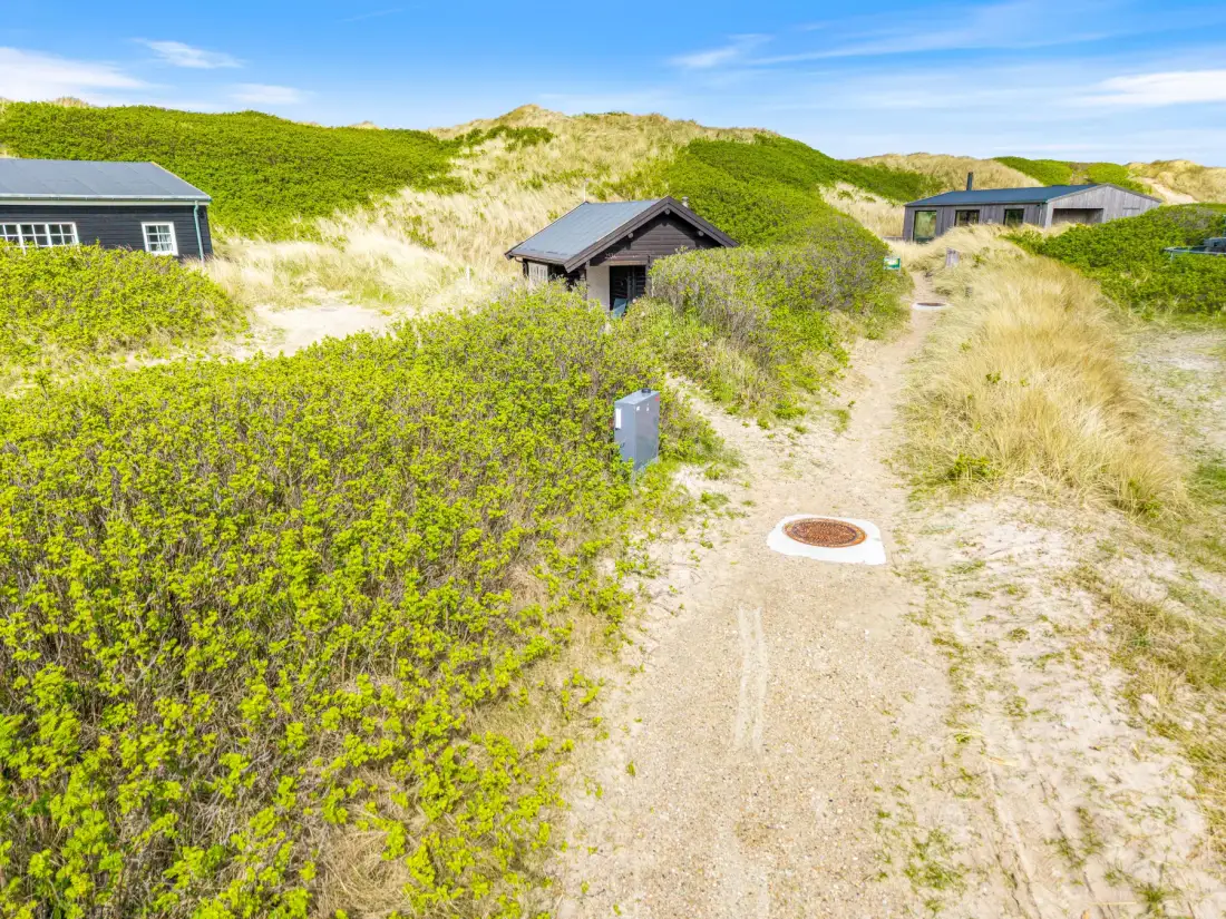 Un sendero arenoso atraviesa la hierba de las dunas hacia varias casas.