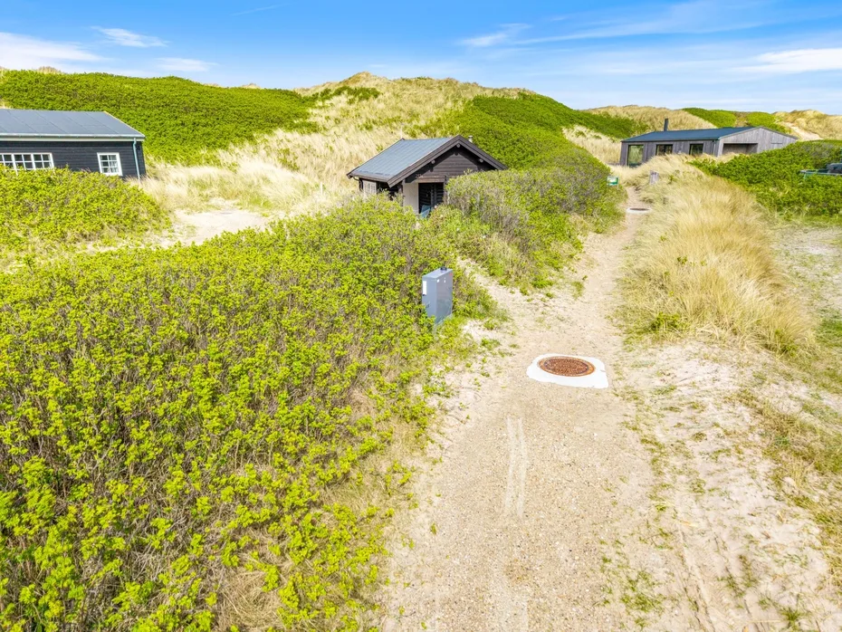 Un camino de arena serpentea entre hierbas y arbustos de dunas, junto a varios edificios.