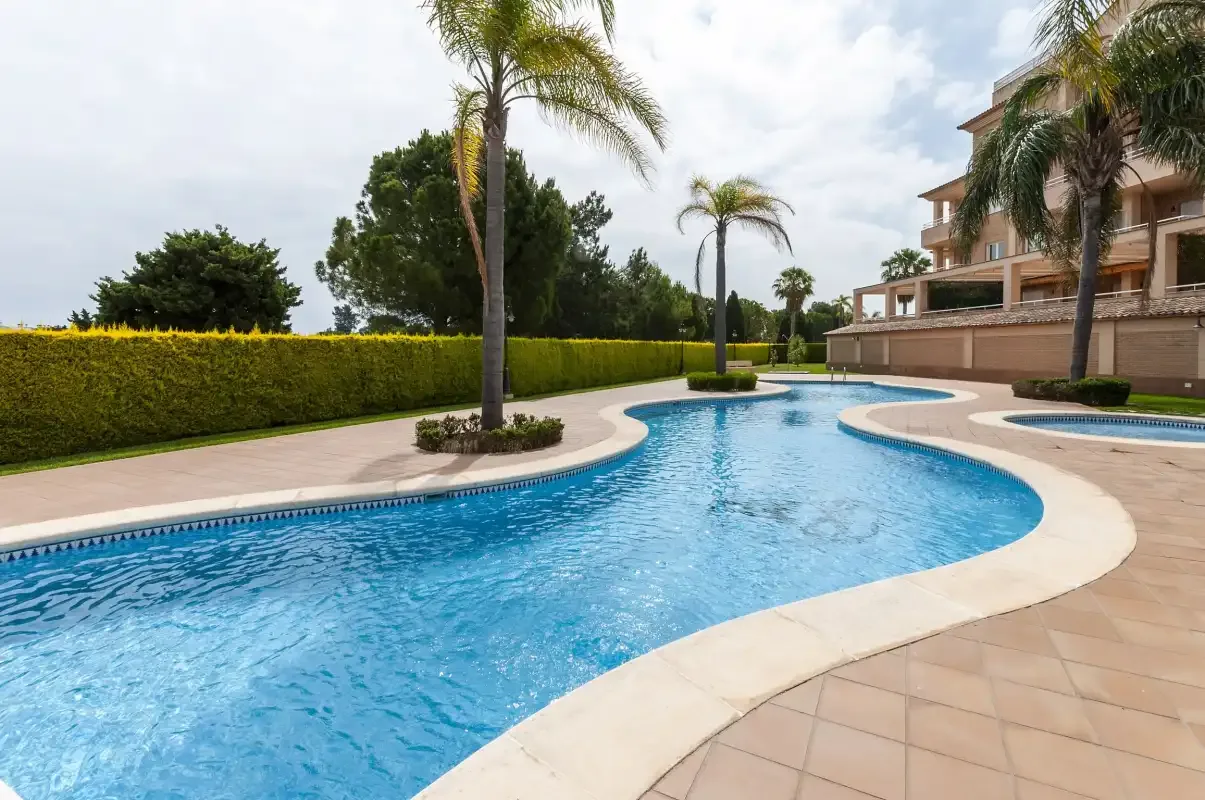 Una piscina exterior curva junto a una terraza de baldosas y palmeras.