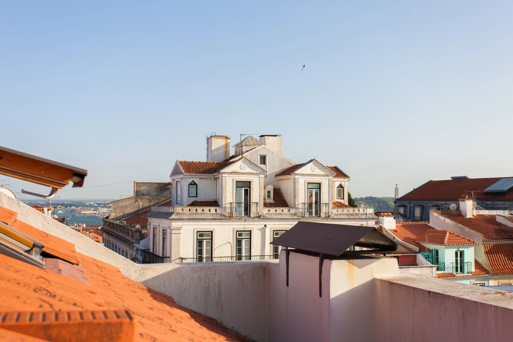 Rooftops and nearby buildings are visible beyond a terrace wall under a clear sky.