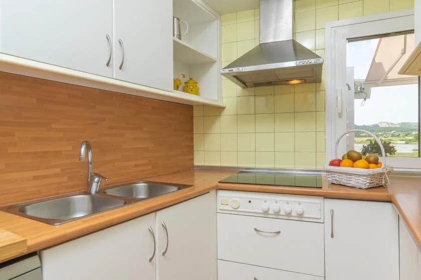 A bright kitchen with a sink, cooktop, and window overlooking the landscape.