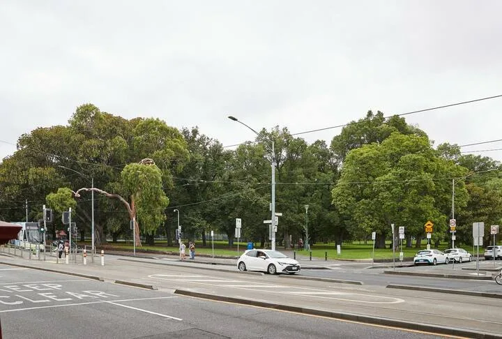Street scene with cars passing a tree-lined park.