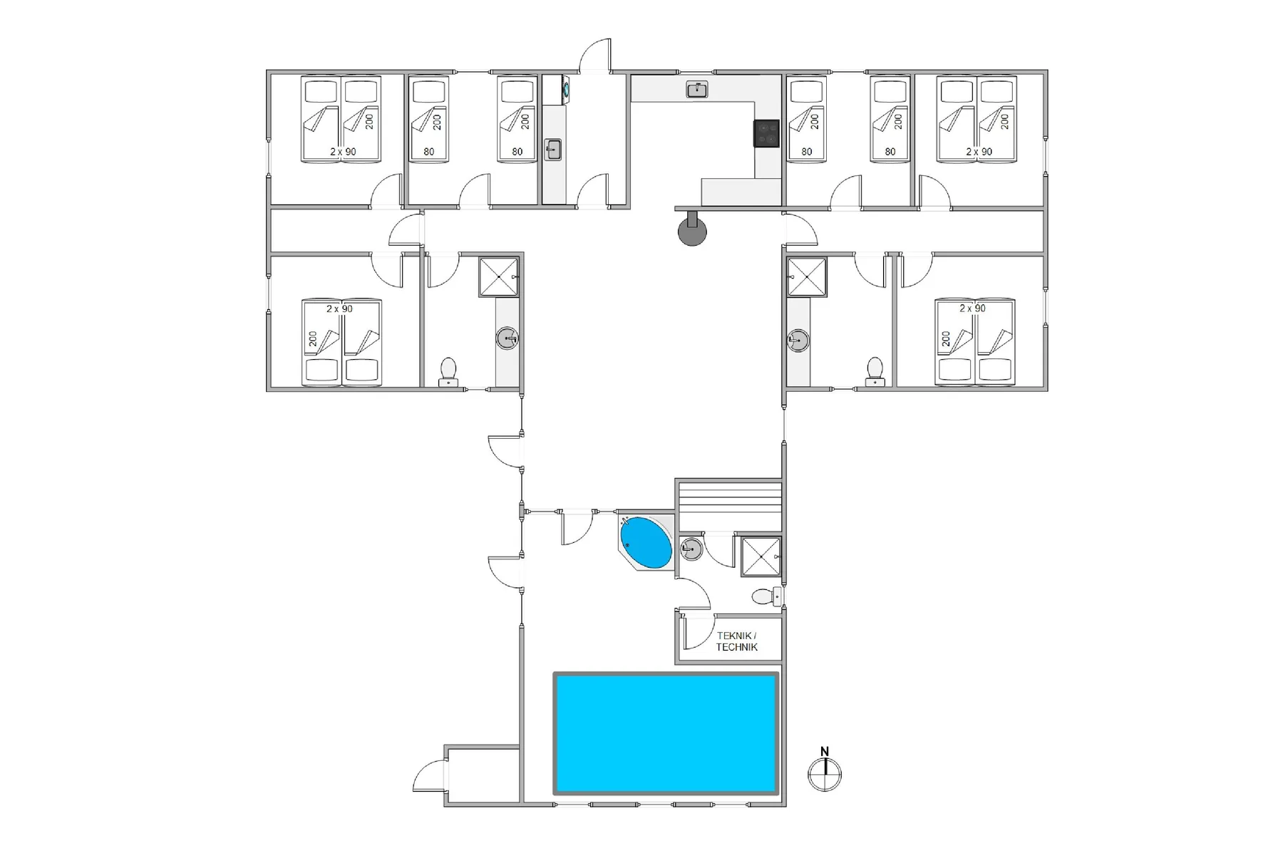 Floor plan showing several bedrooms arranged around a central living area and a pool.