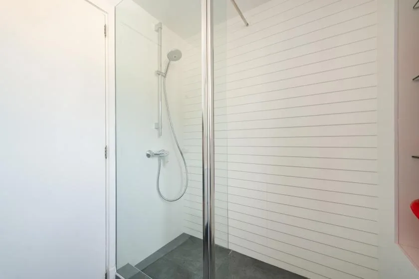 A bright shower area with a handheld showerhead and white horizontal wall panels.