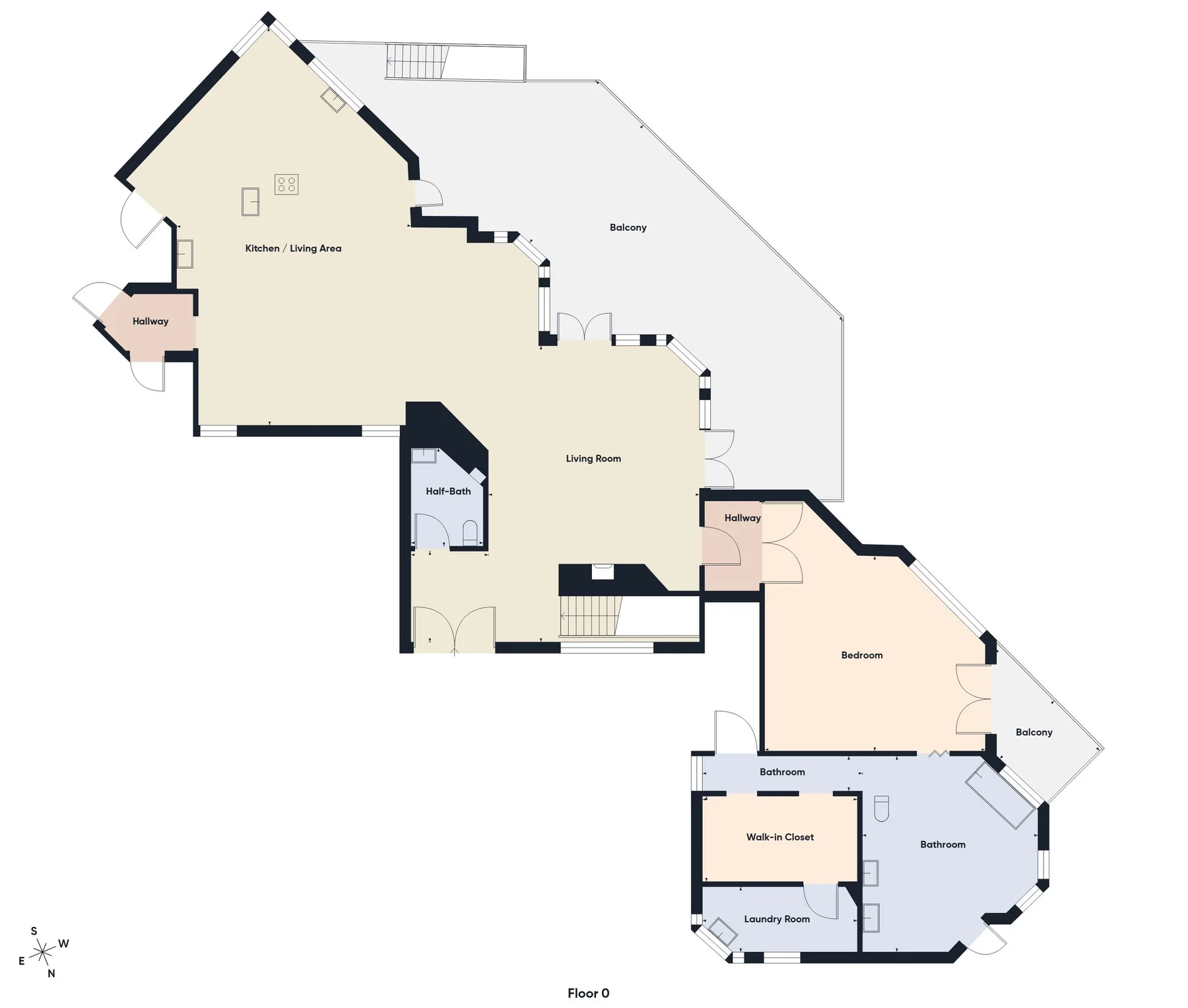 A floor plan shows living areas, a bedroom, bathrooms, and balconies.