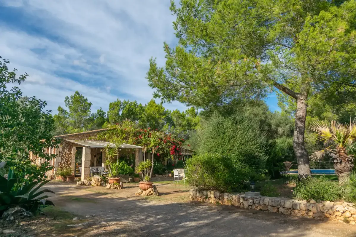 Un patio ajardinado con una zona de estar a la sombra y árboles frondosos.