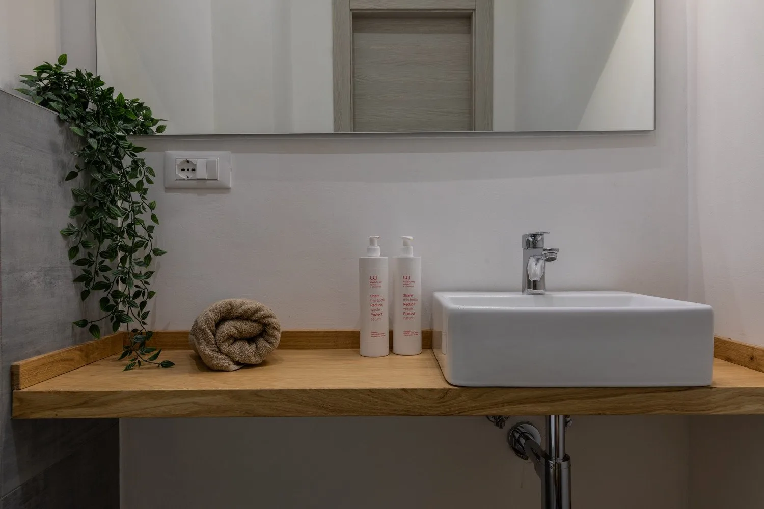 A bathroom vanity with a rectangular basin, toiletries, and a trailing plant.