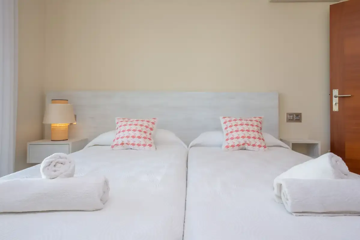 A bedroom with two beds and patterned pillows.