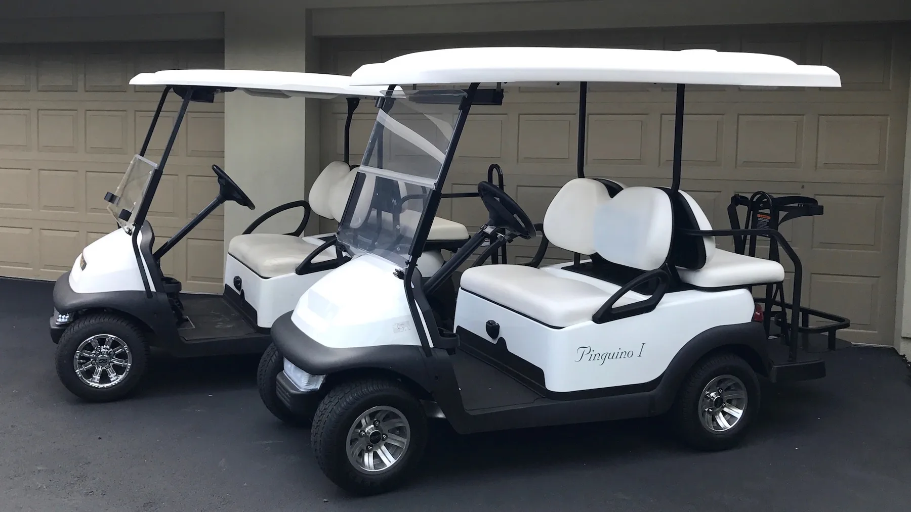 Dos carritos de golf blancos están estacionados frente a unas puertas de garaje.