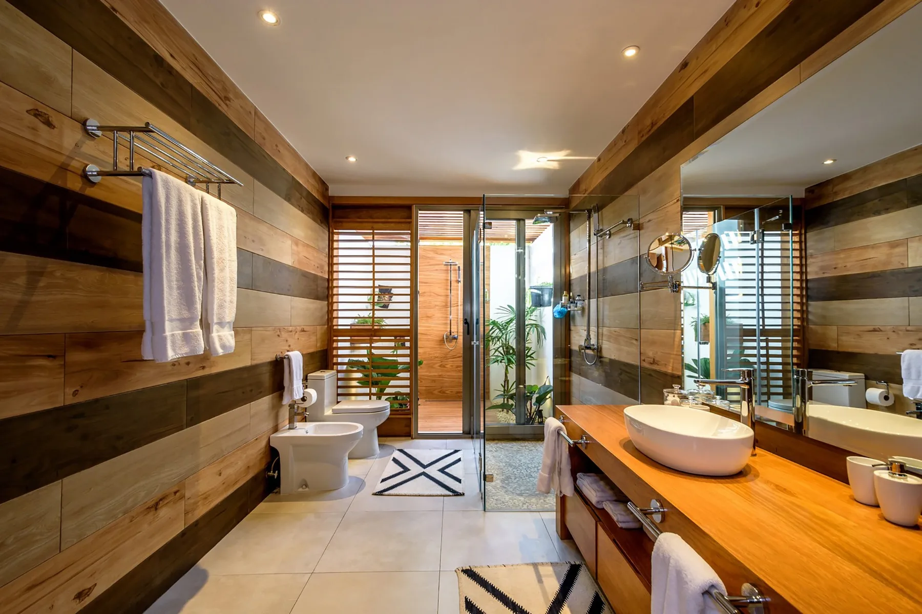 Un baño con un largo tocador de madera y una ducha de vidrio.