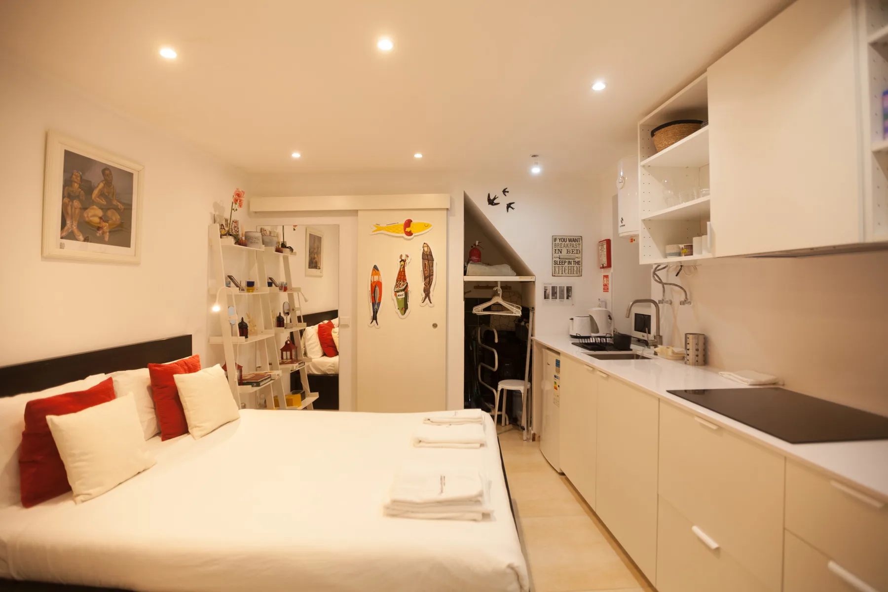 A compact studio room combines a bed, kitchenette, and open shelving.
