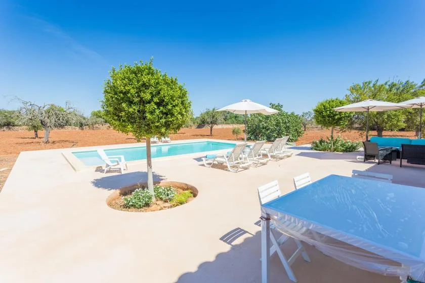 An outdoor pool area with lounge seating and patio umbrellas.