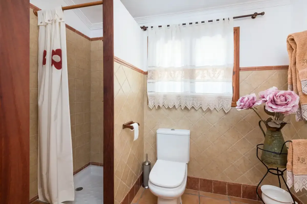 Un baño alicatado con inodoro, ducha y ventana.