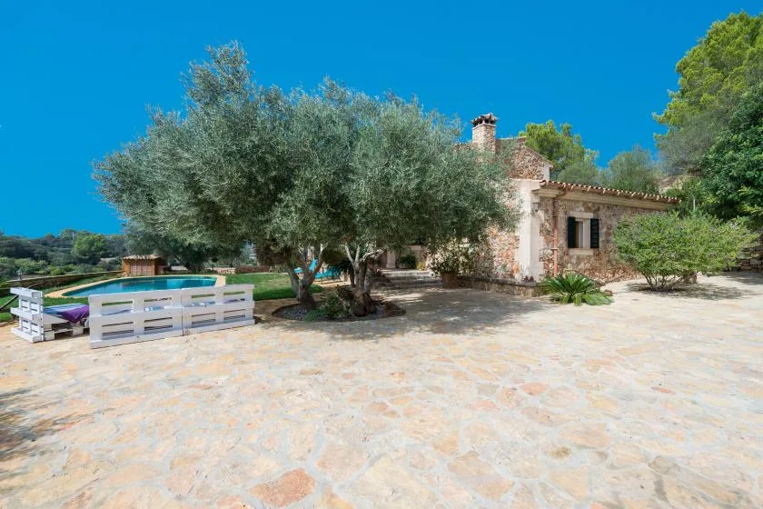 Una casa de piedra está junto a un patio pavimentado, a la sombra de un árbol grande.