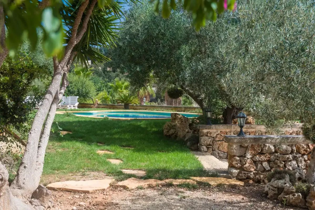 Un jardín con piscina, césped y un borde de piedra.