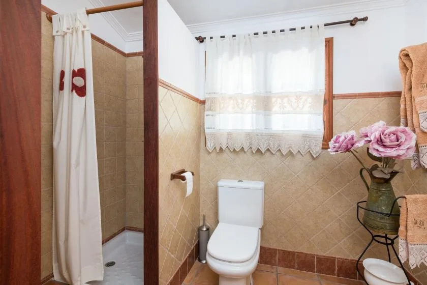 Un baño alicatado con inodoro, cortina de ducha y cortinas de encaje en la ventana.