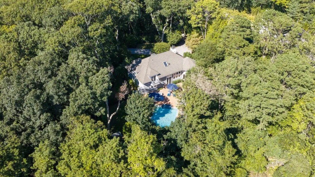 Una casa y una piscina están rodeadas de árboles frondosos.