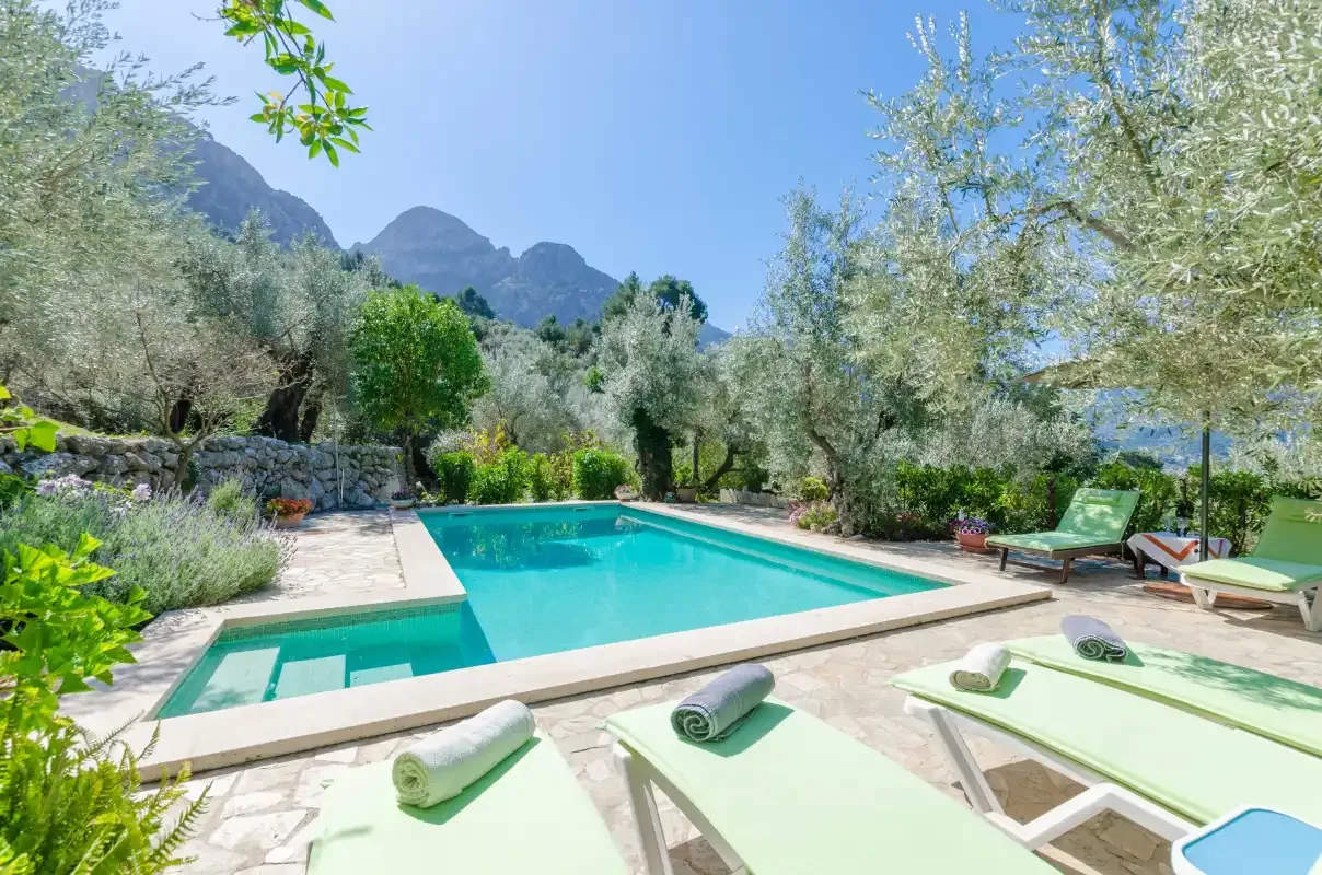 An outdoor swimming pool with lounge chairs sits among trees, with mountains in the background.