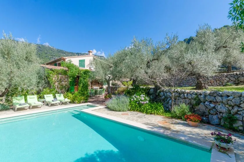 Outdoor swimming pool beside a garden and a stone wall.