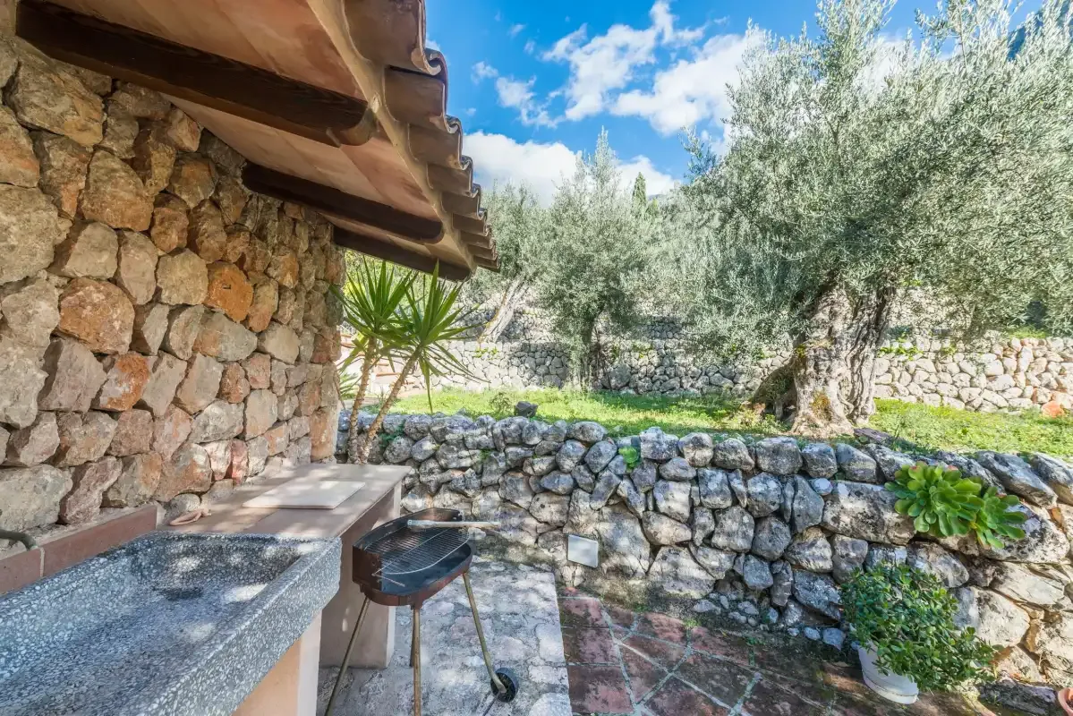 A stone patio with a counter and grill sits beside a walled garden.