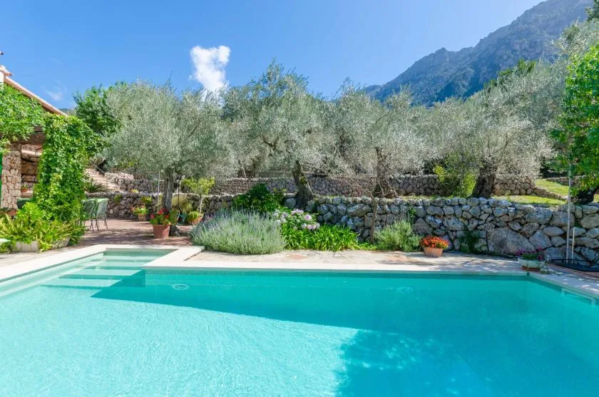 An outdoor swimming pool sits beside a stone wall and garden.