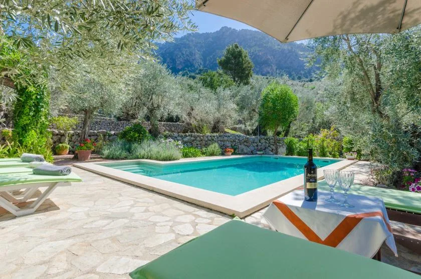 A turquoise swimming pool sits among garden greenery with mountains in the background.
