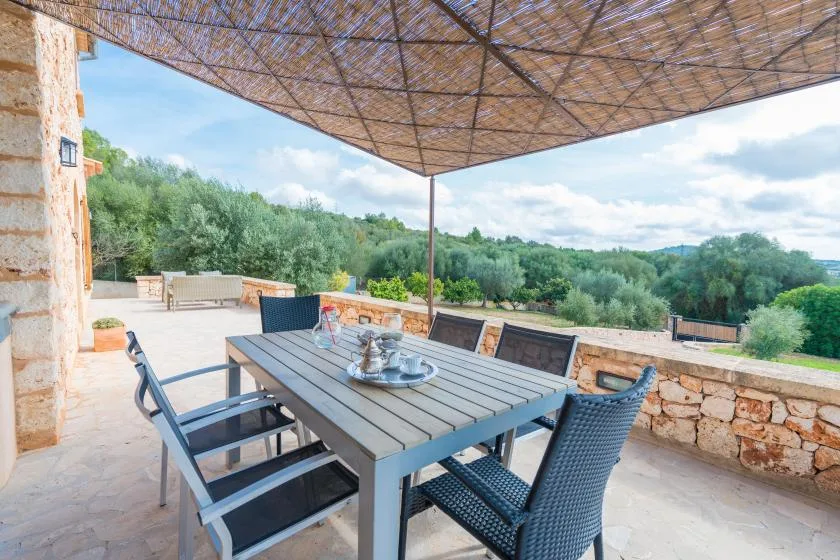 An outdoor dining area under a woven canopy overlooks a green landscape.
