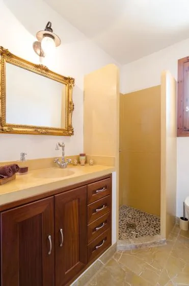 A bathroom vanity with a large mirror stands beside a tiled shower area.