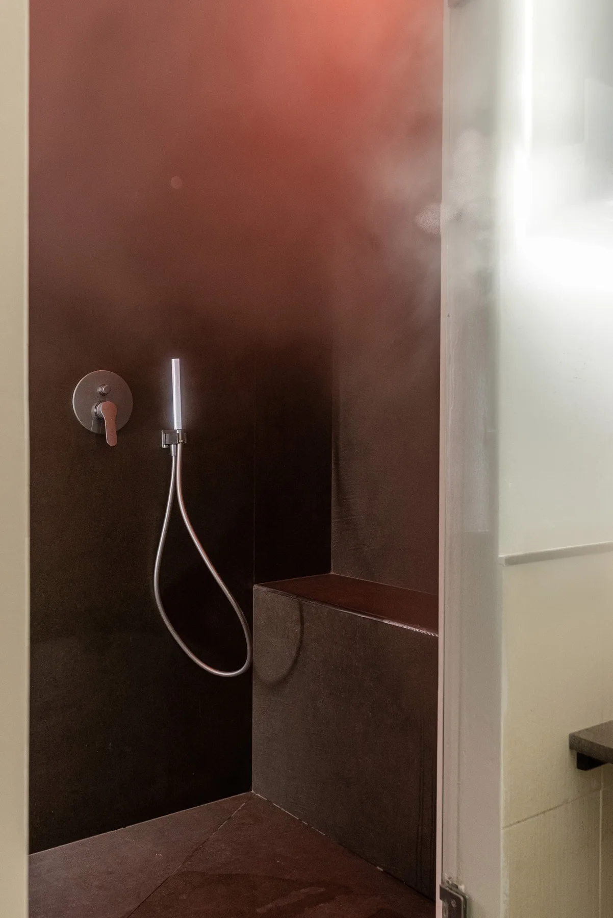 Una zona de ducha con una ducha de mano junto a una pared oscura.